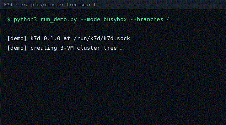 Terminal demo: k7d warm-forks a live 3-VM Kubernetes cluster in about 100 ms